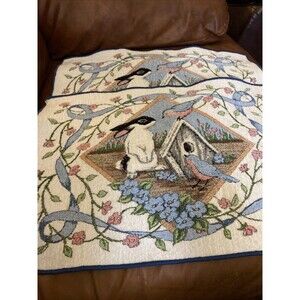 2 Vintage Chenille Bunny Rabbit Placemats Tapestry Birds House Garden Spring